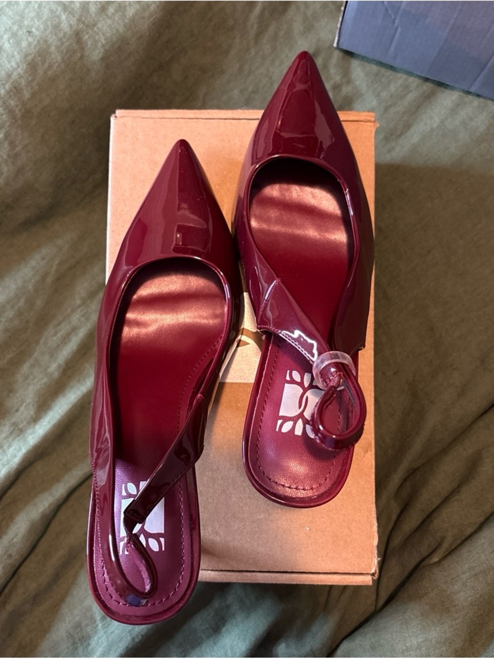 Pointed Patent Slingback Mules in Wine